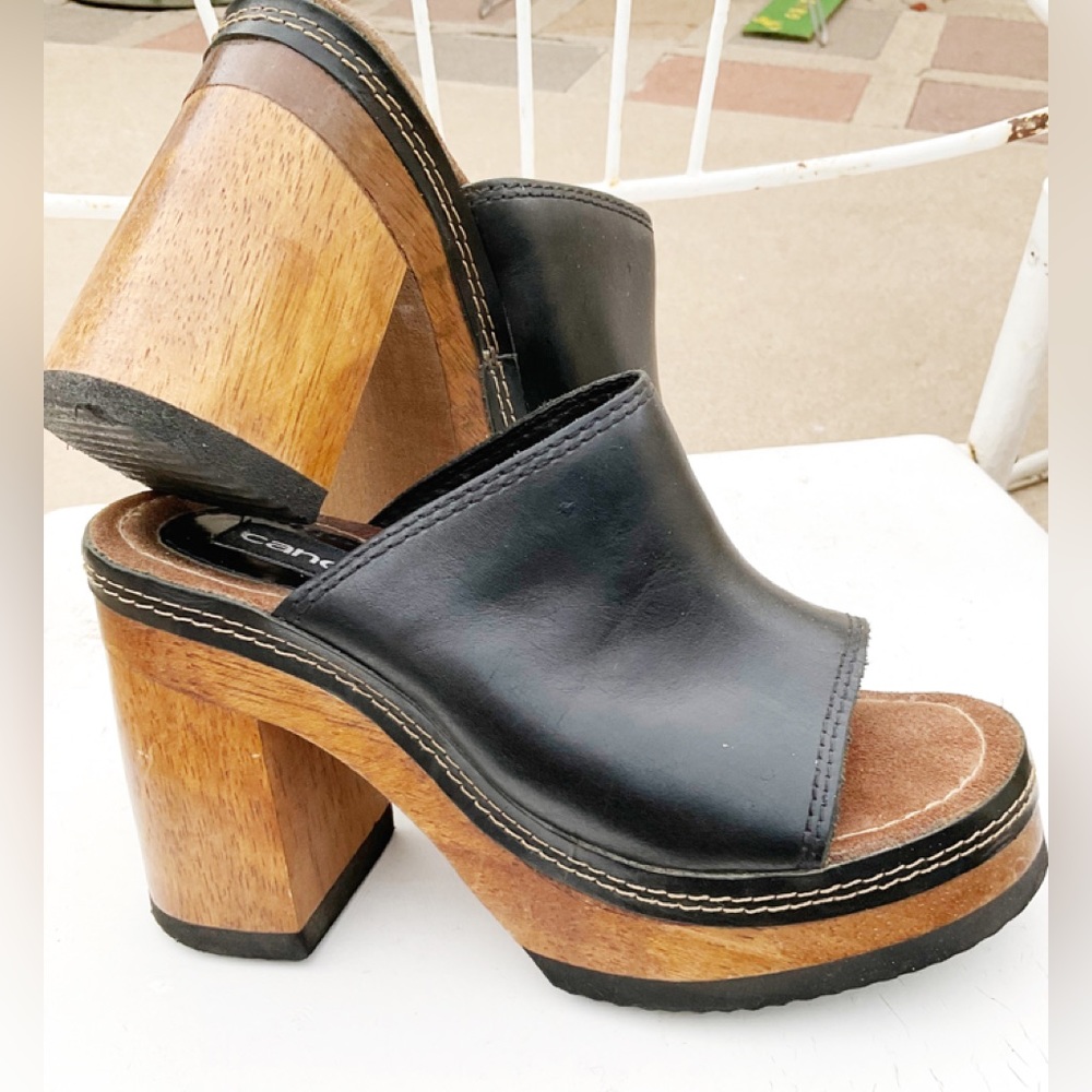 Vintage 90s CANDIES Wood platform shoes/slides/mules black leather Sz 6